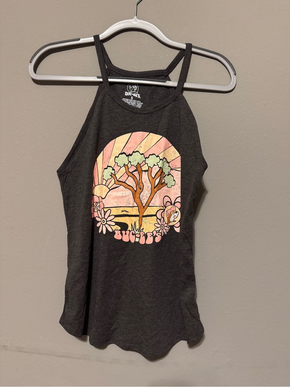 Buckee's Black Graphic Halter Tank with Sunset Tree Design
